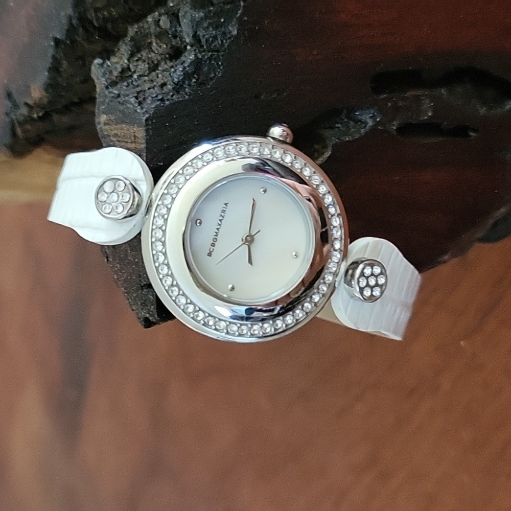 BCBG Maxazria BG6285 Women's White Leather Timepiece, Crystal Bezel
